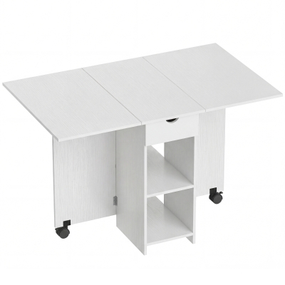 HOMCOM Mesa de Cocina Plegable con Ruedas Alas Abatibles Cajón y Estantes para 2-4 Personas 120x72x75 cm Blanco