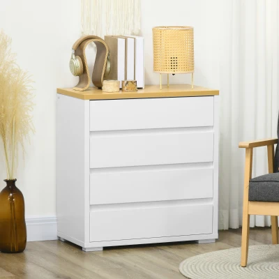 HOMCOM Cómoda Moderna con 4 Cajones Mueble Cajonera de Madera para Dormitorio Salón Habitación 70x37x75 cm Blanco y Natural