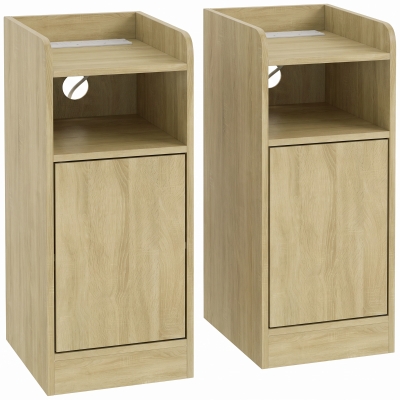 HOMCOM Slim Bedside Cabinet Set with Charging Station Oak