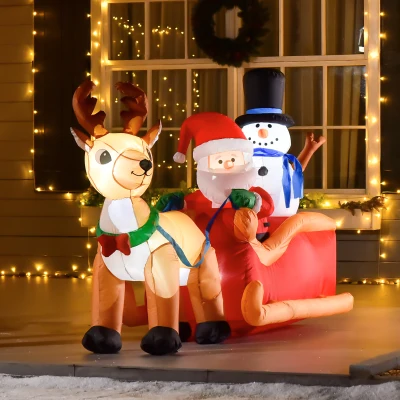 HOMCOM Père Noël gonflable avec traîneau et rennes 200 cm 5 lumières LED décoration de Noël intérieure et extérieure rouge