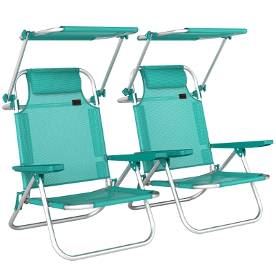 Outsunny Juego de 2 Sillas de Playa Plegables con Dosel Ajustable Respaldo Reclinable en 6 Posiciones Reposacabezas Turquesa