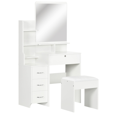 HOMCOM Coiffeuse avec Tabouret, Miroir, Étagères et 4 Tiroirs Blanc