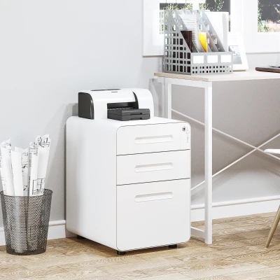 Vinsetto Carrinho com 3 Gavetas Arquivo Móvel com Rodízios Fechável Armário de Escritório com Pastas Suspensas e Porta-lápis, Gaveteiro para Escrivaninha 39x48x59cm Branco