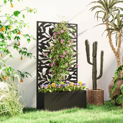 Outsunny Jardinera Elevada con Panel de Privacidad de Hojas Decorativas de Metal y Opción de Montaje en Pared 61x23x113 cm Negro