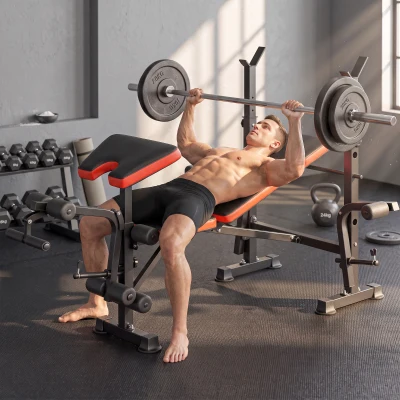 HOMCOM Banco de Musculación Multifuncional, Banco de Pesas con Respaldo Ajustable, Soporte para Barras Regulable, Extensión de Piernas, Curl de Predicador, Mariposa, Entrenamiento Casa Gimnasio, Rojo