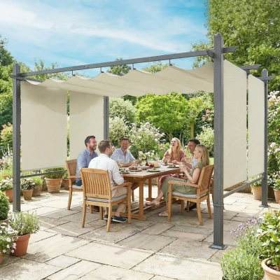 Outsunny Pérgola de Jardín 4x3 m con Cortinas Enrollables Automáticas y Techo Retráctil Cenador de Jardín con UPF50+ Crema