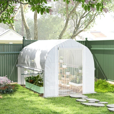 Outsunny Estufa polytunnel 3 x 2 x 2 m com laterais enroláveis, lona plástica resistente aos UV e estrutura de aço, Branco