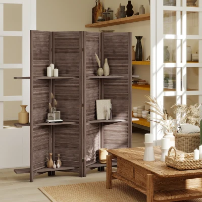 HOMCOM Paravent Bois 4 Panneaux 160x170cm avec Étagères Noyer