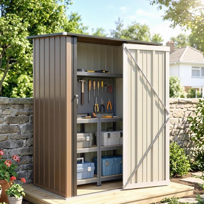 Outsunny Gerätehaus 1,07 m² mit Schrägdach, 142 x 86 x 189 cm Geräteschuppen mit abschließbar Tür, Gartenhaus, Stahl, Braun