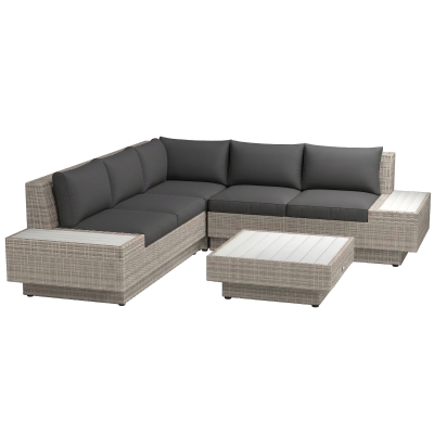 Outsunny 4 PCs Rattan Garden Furniture Outdoor Sectional Corner Sofa and Coffee Table Set - Conservatory Wicker Weave Furniture with Armrest and Cushions, Light Grey
