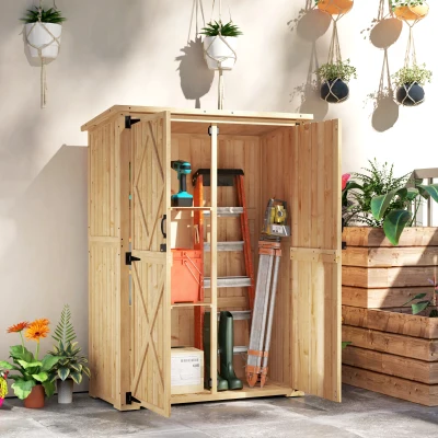 Outsunny Abrigo de armazenamento para jardim, casinha de madeira para ferramentas e equipamentos de jardim, telhado de betume, portas duplas, madeira de abeto, castanho claro