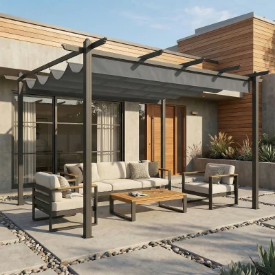 Outsunny Pérgola de Jardín 4x3 m con Techo Retráctil Estructura de Aluminio UPF30+ Orificios de Drenaje Pabellón Exterior Gris