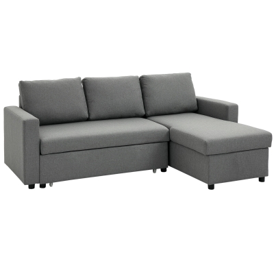 HOMCOM Sofá de Canto com Função de Dormir Baú Chaise Longue Sofá-Cama Sofá de Tecido em L Aspeto Linho 211,5x146x85 cm Cinza Claro