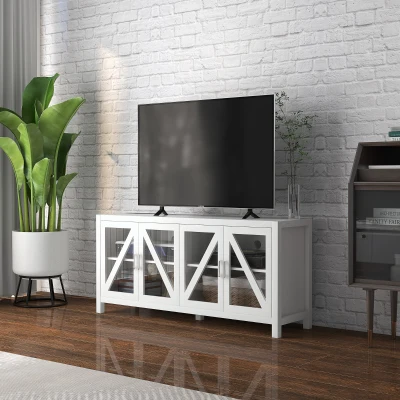 HOMCOM Mueble TV de Salón Mesa para Televisores de hasta 58" con 4 Puertas de Vidrio Estantes Ajustables 130x35x60 cm Blanco