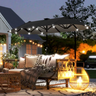 Outsunny Parasol de jardin double 3 x 1,5 m, parasol de jardin extérieur avec éclairage solaire, manivelle et 2 aérations, gris