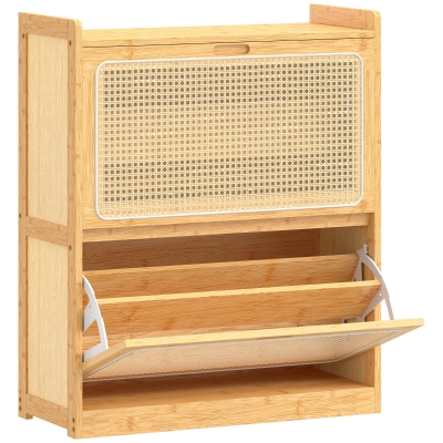 HOMCOM Zapatero Estrecho de Bambú con 2 Cajones Abatibles de Ratán para 12-14 Pares de Zapatos 69x29x83 cm Natural
