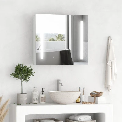 kleankin Armario con Espejo de Baño con Luz LED Mueble de Baño Colgante con Interruptor Táctil 70x15x65cm Blanco