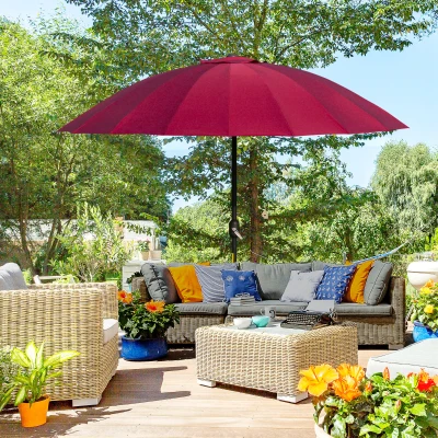 Outsunny Sombrilla de Jardín Ø250x240 cm con Manivela Parasol con Ángulo Inclinable con 18 Varillas para Exterior Rojo Burdeos