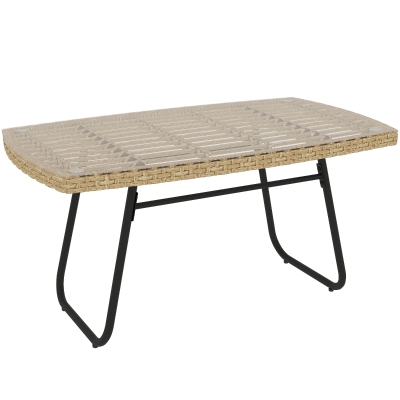 Outsunny Polyrattan Gartentisch, 90 x 50 x 45 cm, UV-beständig Beistelltisch mit Glasplatte Naturholz