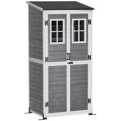 Outsunny Abrigo de armazenamento para jardim, abrigo de ferramentas com 2 janelas, estacas para base, telhado em betume, 91 x 69 x 192 cm, madeira de pinho, Cinzento claro