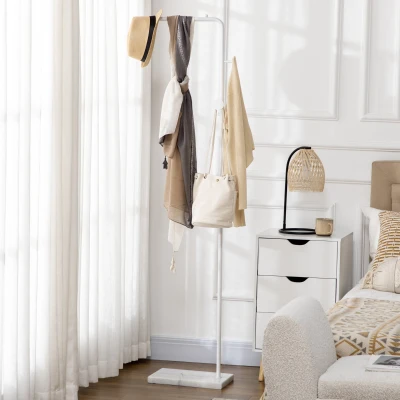 HOMCOM Perchero de Pie con Base de Mármol Barra y 2 Ganchos de Metal para Dormitorio Pasillo 35x25x170 cm Blanco