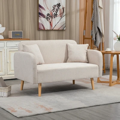 HOMCOM Sofá 2 lugares, design moderno, com 2 almofadas, pés de madeira, 130 x 70 x 80 cm, creme