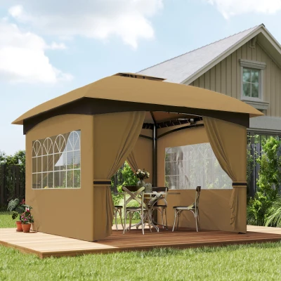 Outsunny 3,4 x 3,4 m Gartenpavillon, Bierzelt mit Lüftungsdach, Bogenfenstern, Stahlgestell, Beige