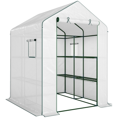 Outsunny Serre Jardin PE Blanc 140x143x190cm avec Étagères 3 Niveaux