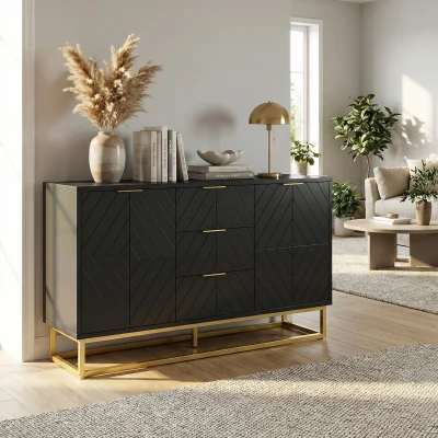 HOMCOM Sideboard 3 Drawers Adjustable Shelves Black