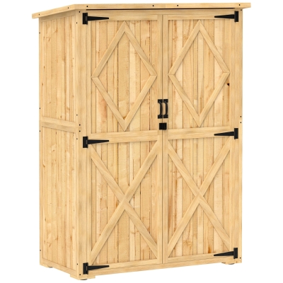 Outsunny Abrigo de armazenamento para jardim, casinha de madeira para ferramentas e equipamentos de jardim, telhado de betume, portas duplas, madeira de abeto, castanho claro
