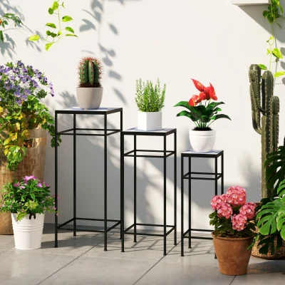 Outsunny Conjunto de 3 suportes para plantas, 3 suportes de tamanhos diferentes para apresentar flores e outros objetos, Azul+Branco