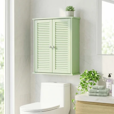 HOMCOM Wall Cabinet Louvered Doors Adjustable Shelf Light Green