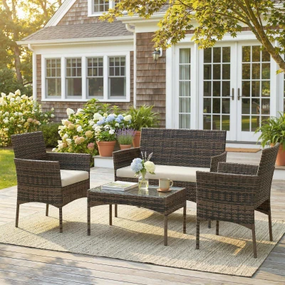 Outsunny Conjunto de Muebles de Jardín de Ratán Sintético con Sofá Sillones y Mesa de Centro con Vidrio Templado y Cojines Marrón