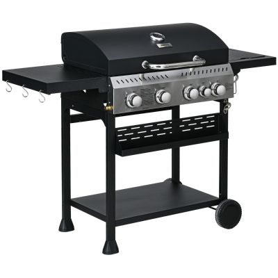 Outsunny Barbecue Gaz 4+1 12,5kW Roulettes Thermomètre Noir