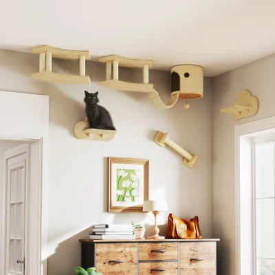 PawHut Conjunto de Escalada para Gatos 5 peças com Poste Arranhador Plataformas de Salto Escada Casinha Montagem na Parede Bege