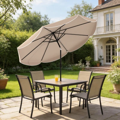 Outsunny Sombrilla Terraza Exterior Ø2,7 m Sombrilla con Inclinación Ajustable 3 Posiciones Manivela y Volante Caqui