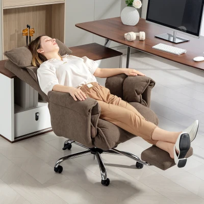 HOMCOM Cadeira de escritório ergonómica, encosto reclinável, apoio para os pés, tecido macio, castanho claro