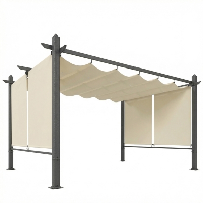 Outsunny Pérgola de Jardín 4x3 m con Cortinas Enrollables Automáticas y Techo Retráctil Cenador de Jardín con UPF50+ Crema