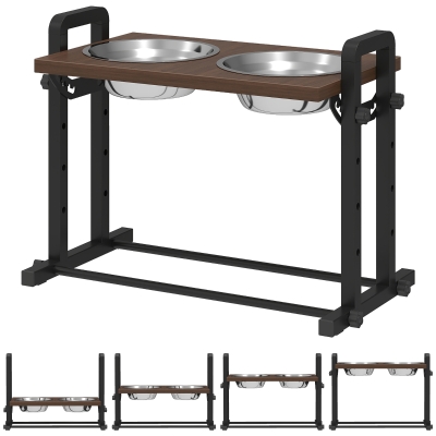 PawHut Comedouro Elevado para Cães 4 Alturas Ajustáveis com Suporte 2x1,2 L Tigelas de Aço Inoxidável 3 Ângulos Ajustáveis Castanho