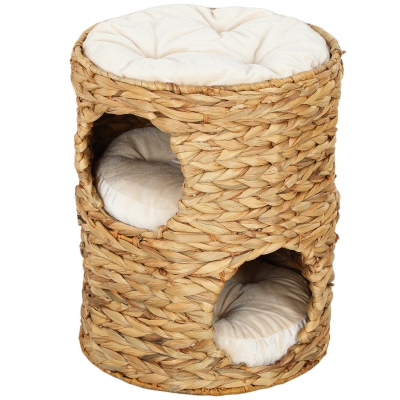 PawHut Tonel Arranhador 50 cm 2 Tocas Almofada Arranhador com Cama para Gatos Torre para Gatos em Vime de Aguapé Castanho Claro