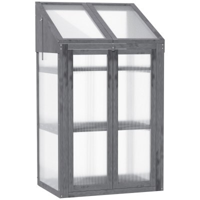 Outsunny Mini-Gewächshaus, kleines Treibhaus mit Holzrahmen, Fenster und Doppeltür, 3 Regale, 70L x 50B x 120H cm, Grau