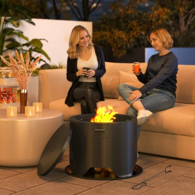 Outsunny Round Fire Pit with Lid and Poker - Black