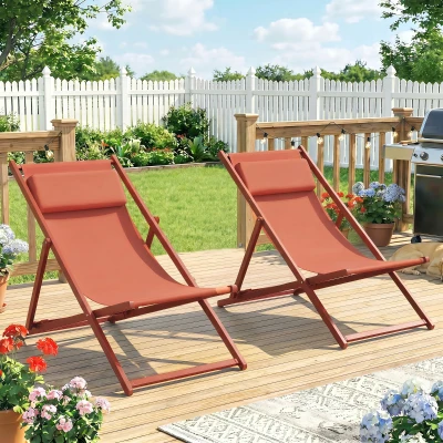 Outsunny Lot 2 Chaises Longues Inclinables Rouge Textilène