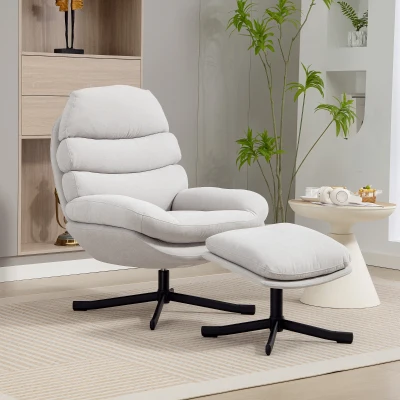 HOMCOM Poltrona Relax com Puff Poltrona Lounge em Tecido Chenille Poltrona de TV Moderna 78 x 93 x 100 cm Creme Branco