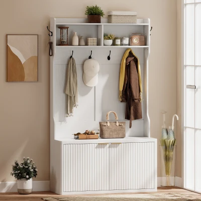 HOMCOM Perchero Zapatero 4 en 1 Perchero Moderno con Estante Abierto para Pasillo Entrada Dormitorio 100x38x172 cm Blanco