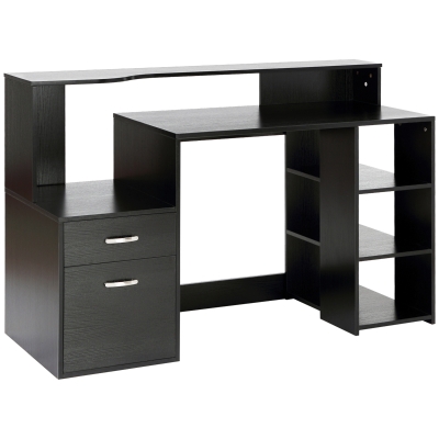 HOMCOM Secretária para computador com 2 gavetas, secretária com arrumação, 137 x 55 x 92 cm, prateleiras abertas e bandeja para impressora, estilo moderno, mesa para computador para quarto, estúdio, preto