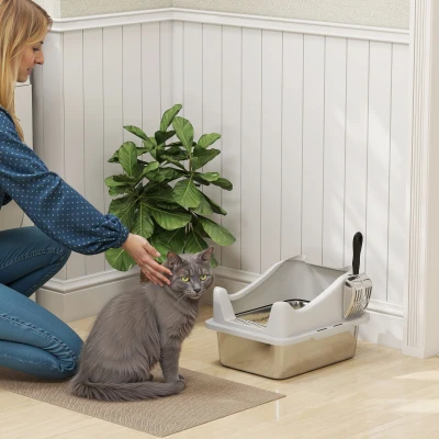 PawHut Bac à Litière Chat Acier Inox Bords Hauts 43x33x25cm Gris