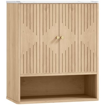 HOMCOM Armario de Baño de Pared con Estante Abierto y Puertas Decoradas, Encimera Efecto Mármol, 60x18x70 cm, Roble