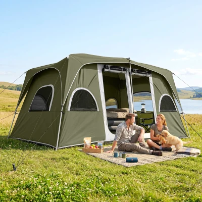 Outsunny Camping Tent, Family Tent 4-8 Person 2 Room, with Large Mesh Windows, Easy Set Up for Backpacking Hiking Outdoor, Green