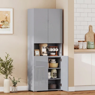 HOMCOM Kitchen Pantry Cabinet High Gloss Grey 180cm